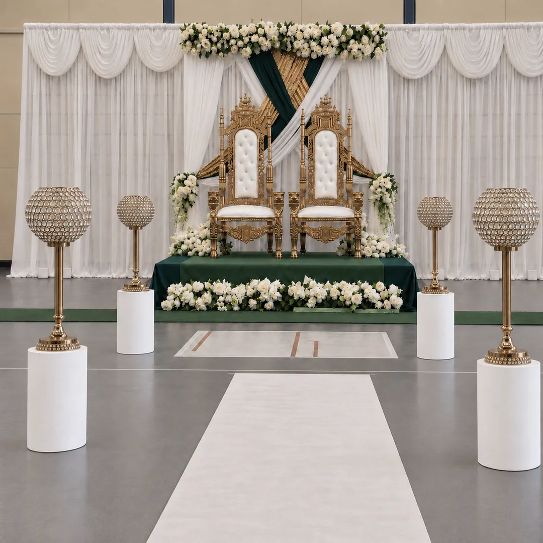 A wedding stage with two gold throne chairs before pleated white drapes and a green and gold backdrop, raised on a green-carpeted dais with white roses and an aisle lined with gold globe lights