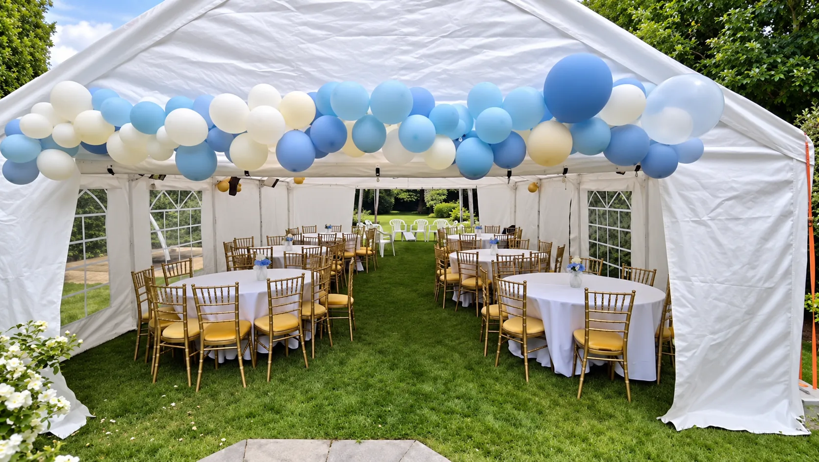 A garden marquee dressed for a party with a balloon garland across the entrance, round tables in white cloths and gold chairs